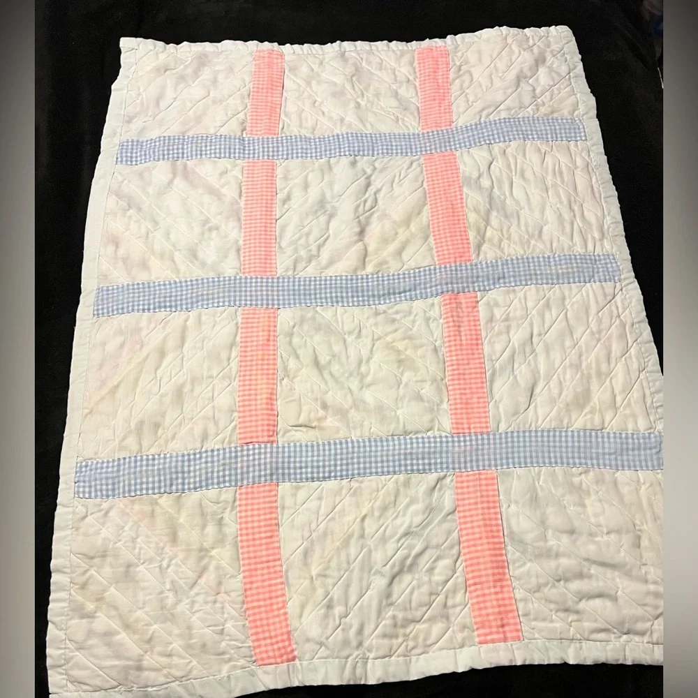 UC Vintage 70s Hand Sewn Colorful Patchwork Baby Crib Quilt 29”x38”
